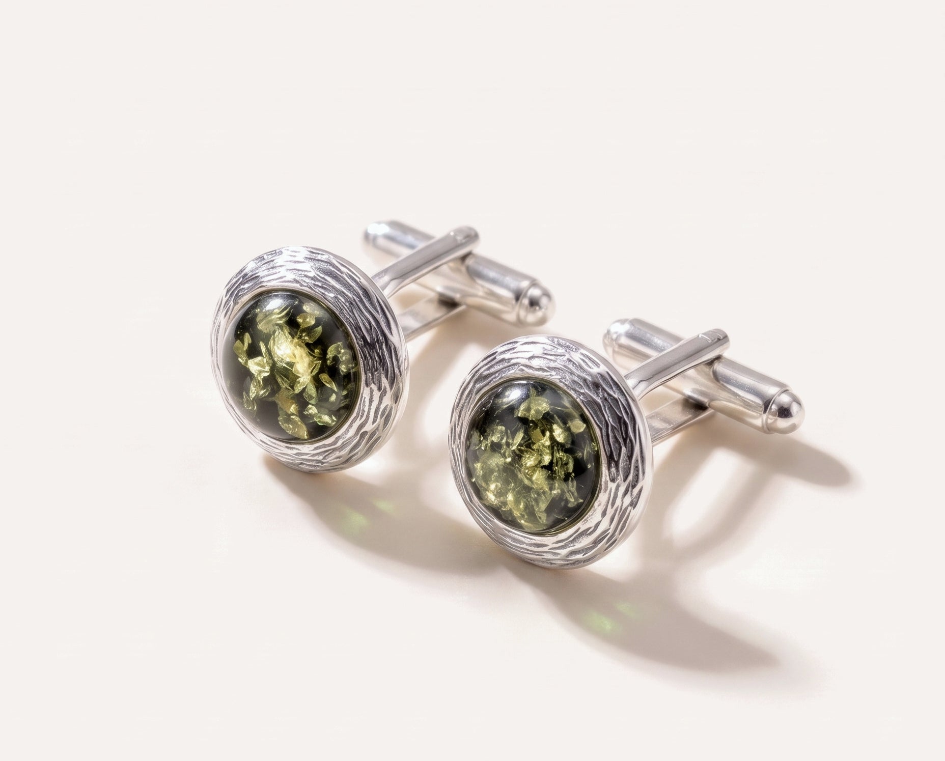 Textured Frame Green Amber Cufflinks — Baltic amber and sterling silver jewellery by Baltic Beauty