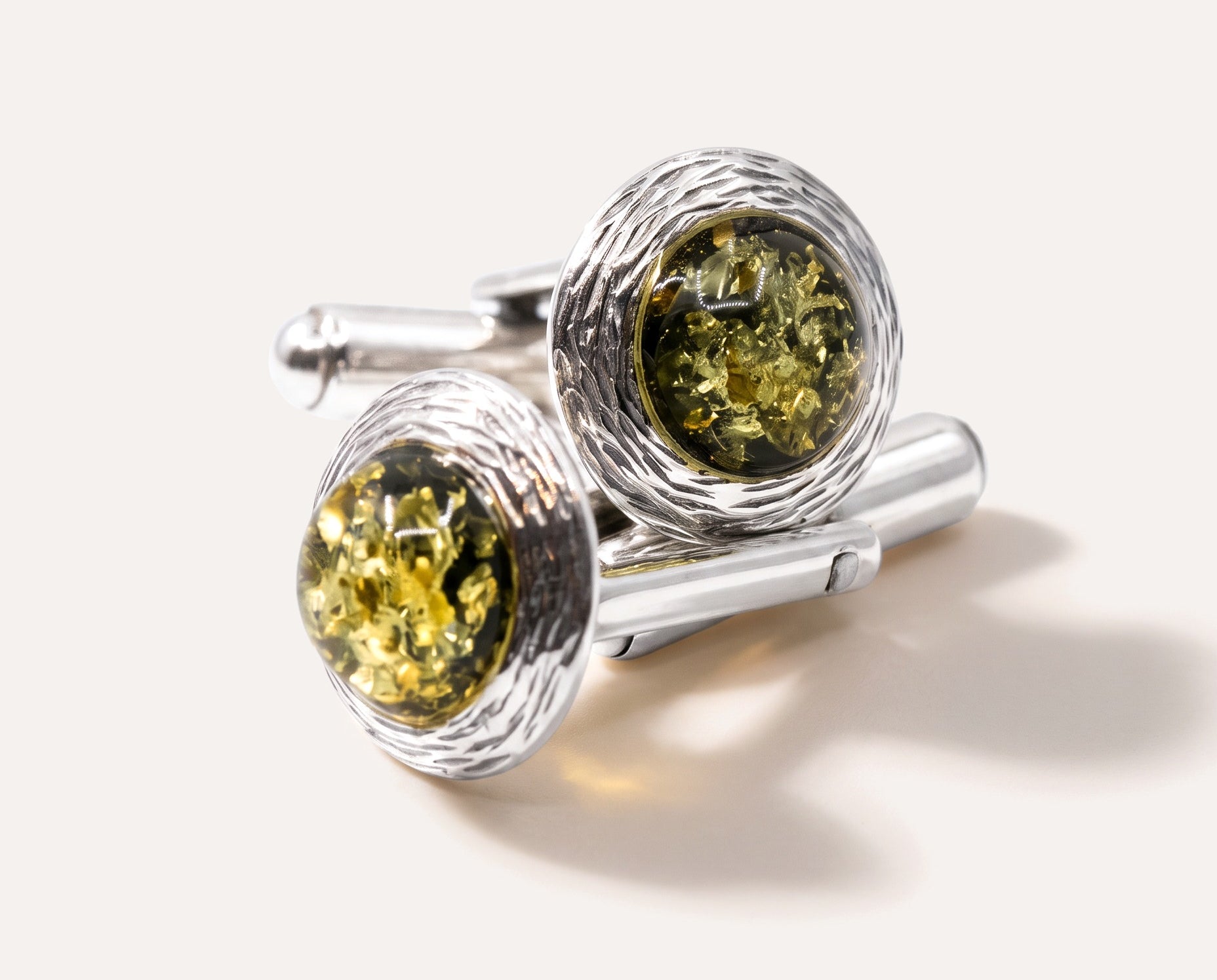 Textured Frame Green Amber Cufflinks — Baltic amber and sterling silver jewellery by Baltic Beauty