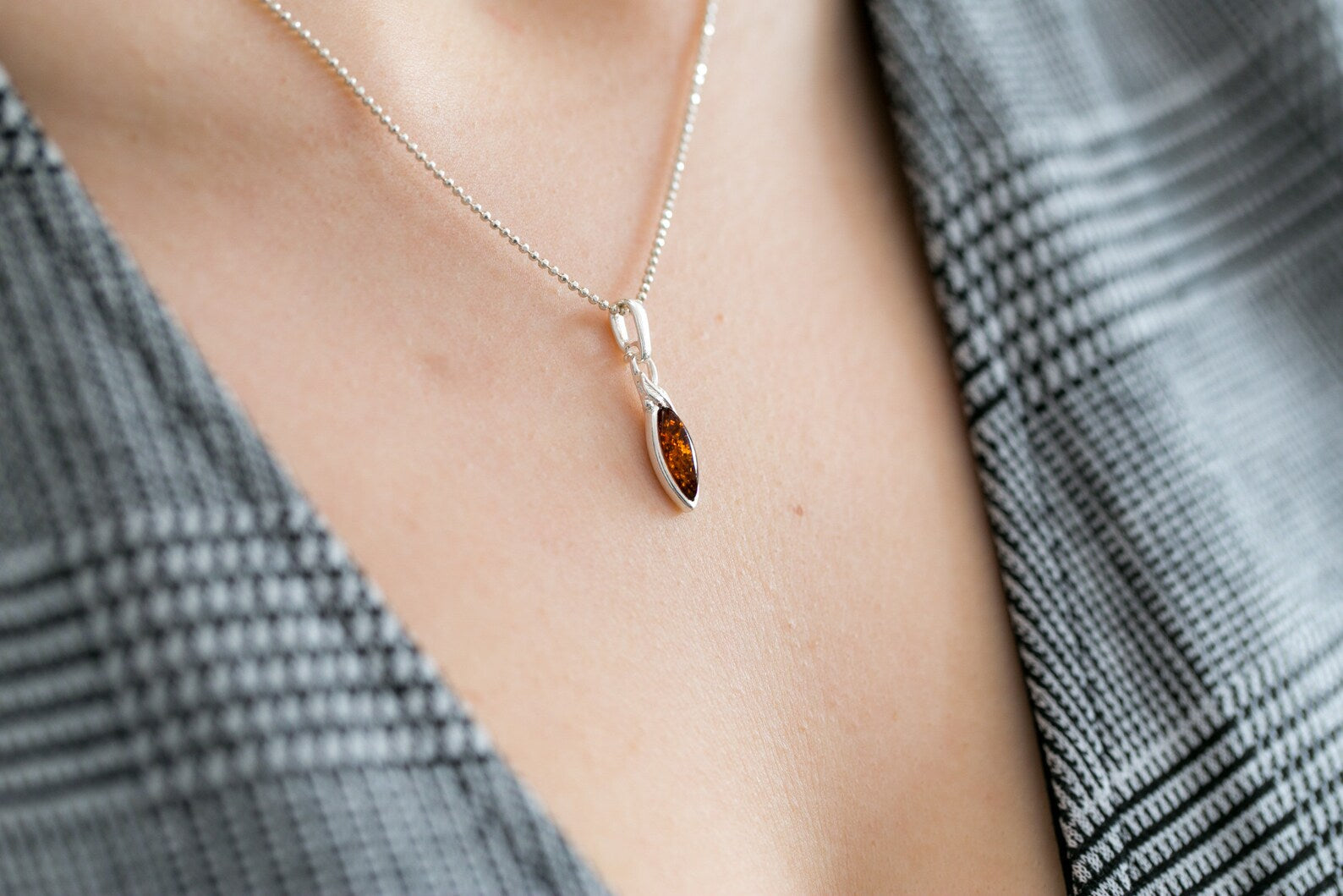 Minimal Leaf Amber Pendant- Necklaces- Baltic Beauty