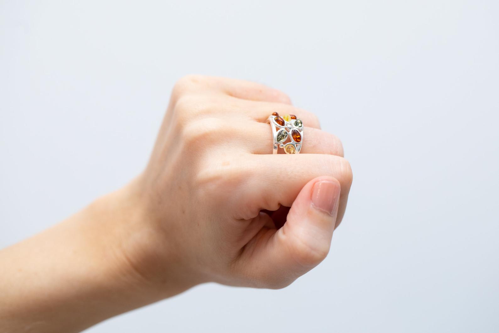 Floral Multicolour Amber Cuff Ring- Rings- Baltic Beauty