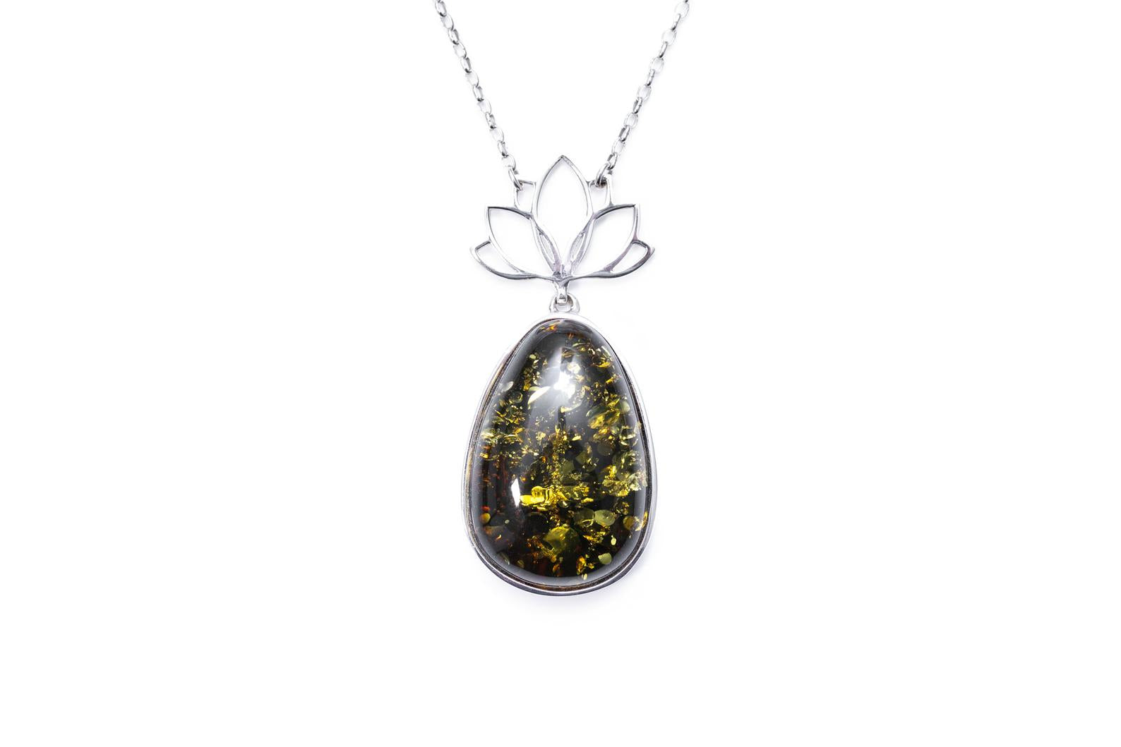 Lotus Motif Midi Green Amber Pendant- Necklaces- Baltic Beauty