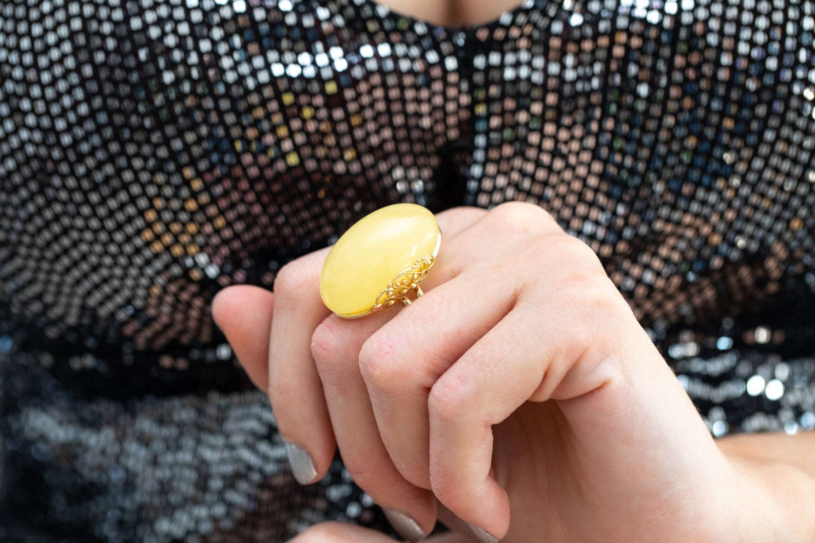 Handmade Elegant Oval Yellow Amber Cocktail Ring- Rings- Baltic Beauty