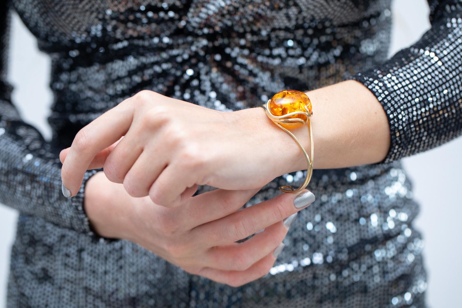 Handmade Minimal Gold Kissed Amber Bangle- Bracelets- Baltic Beauty