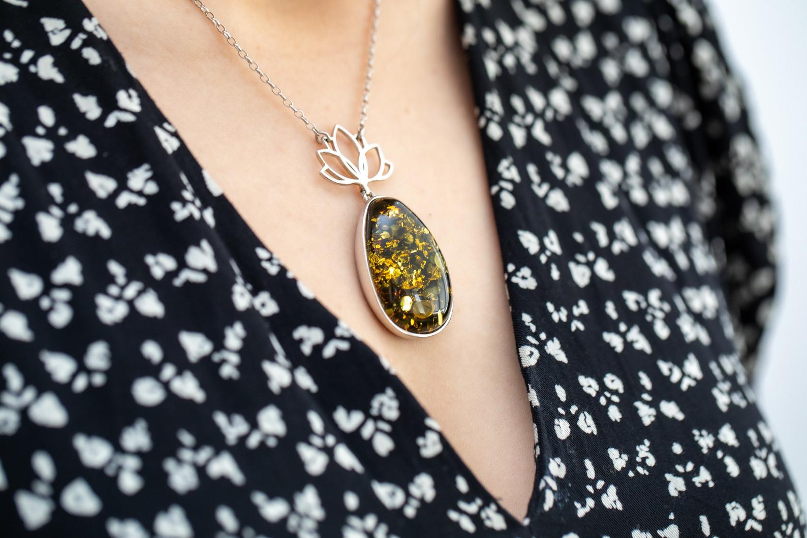 Lotus Motif Midi Green Amber Pendant- Necklaces- Baltic Beauty