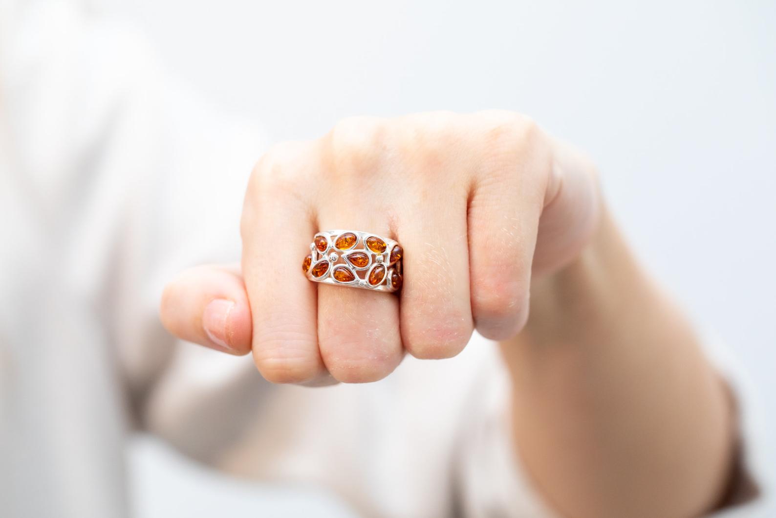 Floral Amber Cuff Ring- Rings- Baltic Beauty