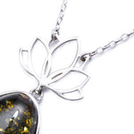 Lotus Motif Midi Green Amber Pendant- Necklaces- Baltic Beauty