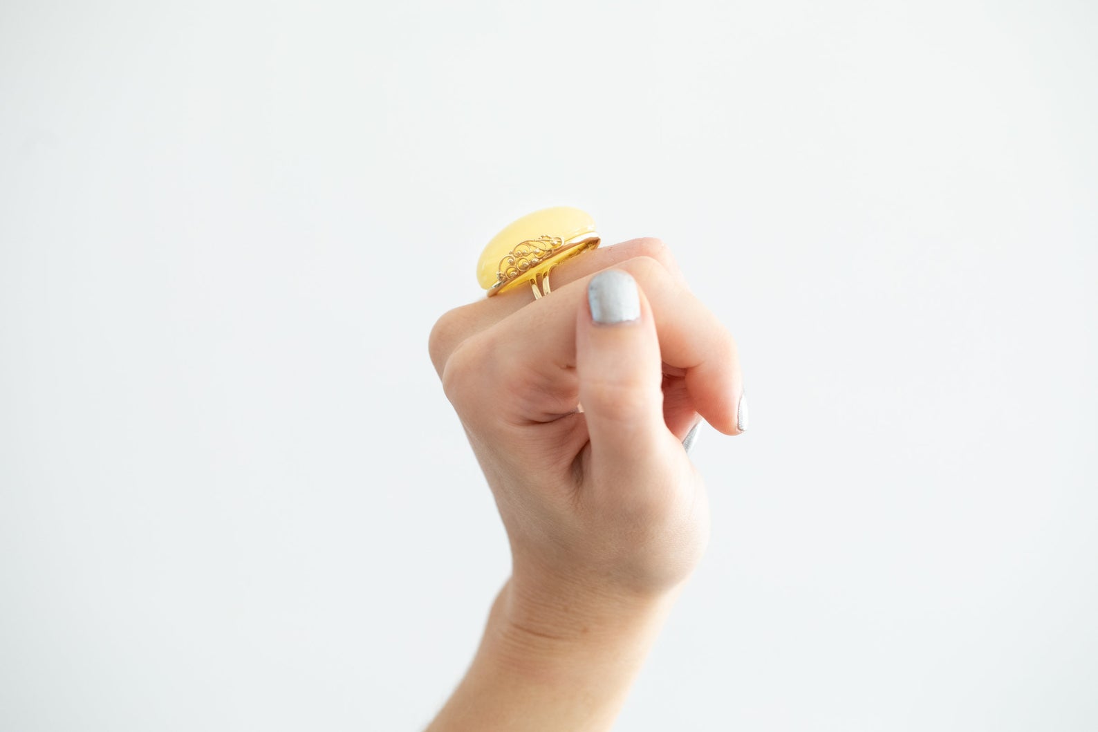 Handmade Elegant Oval Yellow Amber Cocktail Ring- Rings- Baltic Beauty