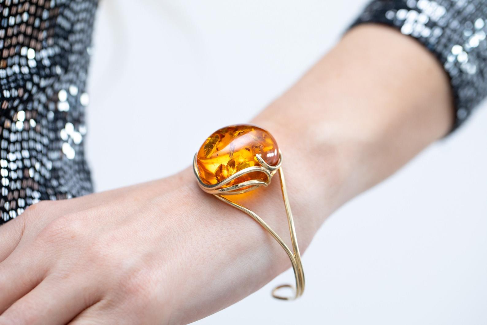 Handmade Minimal Gold Kissed Amber Bangle- Bracelets- Baltic Beauty