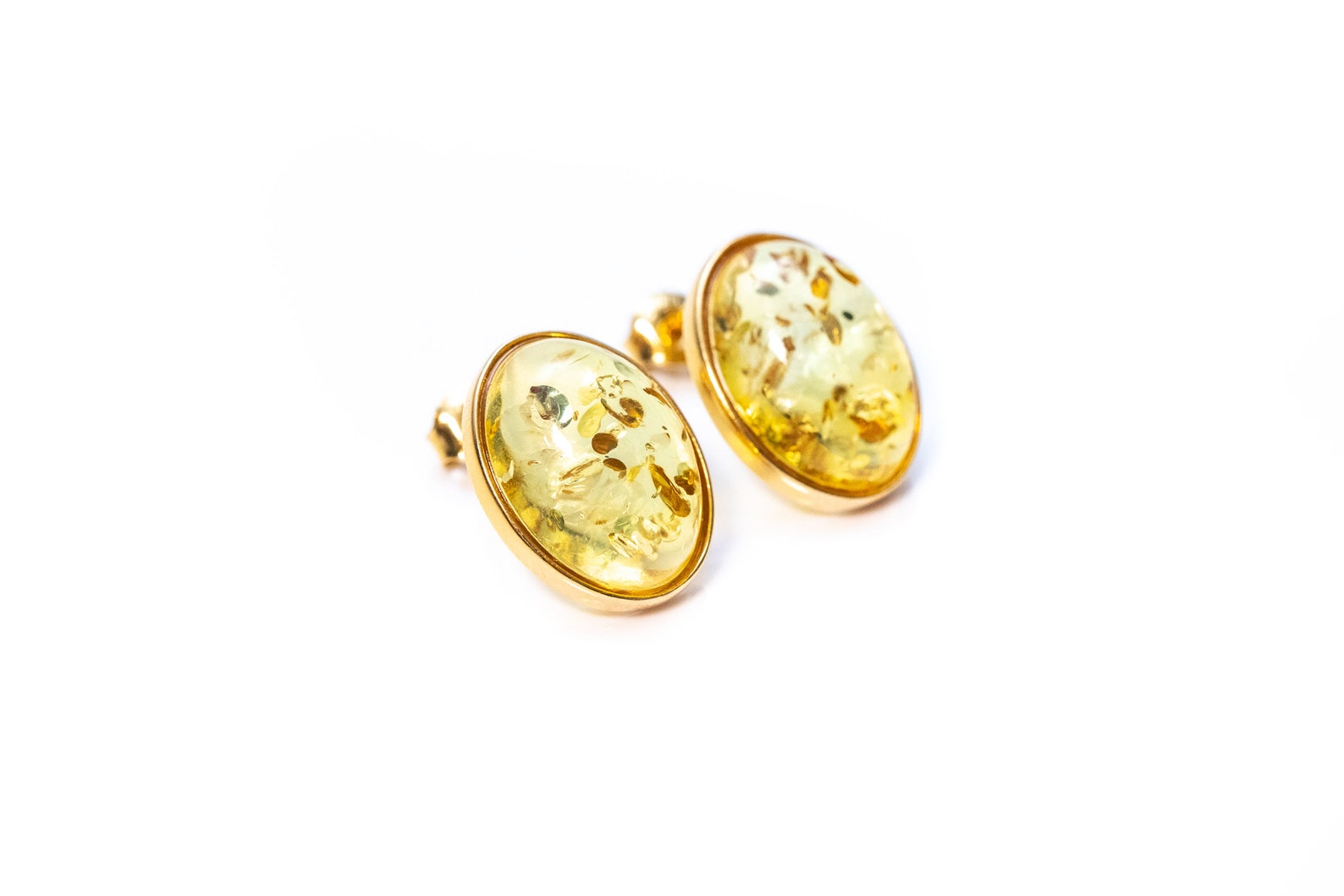 Oval Citrus Amber and Gold Stud Earrings- Earrings- Baltic Beauty