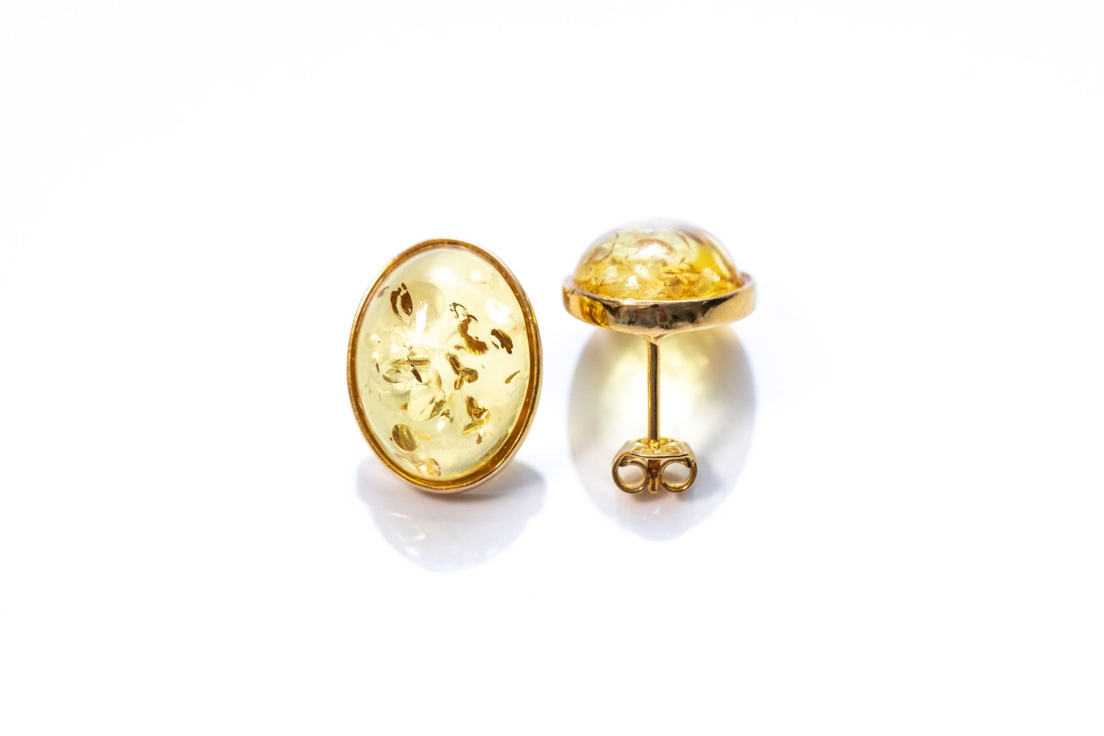 Oval Citrus Amber and Gold Stud Earrings- Earrings- Baltic Beauty
