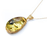 OOAK Gold Floral Flare Green Amber Pendant- Necklaces- Baltic Beauty