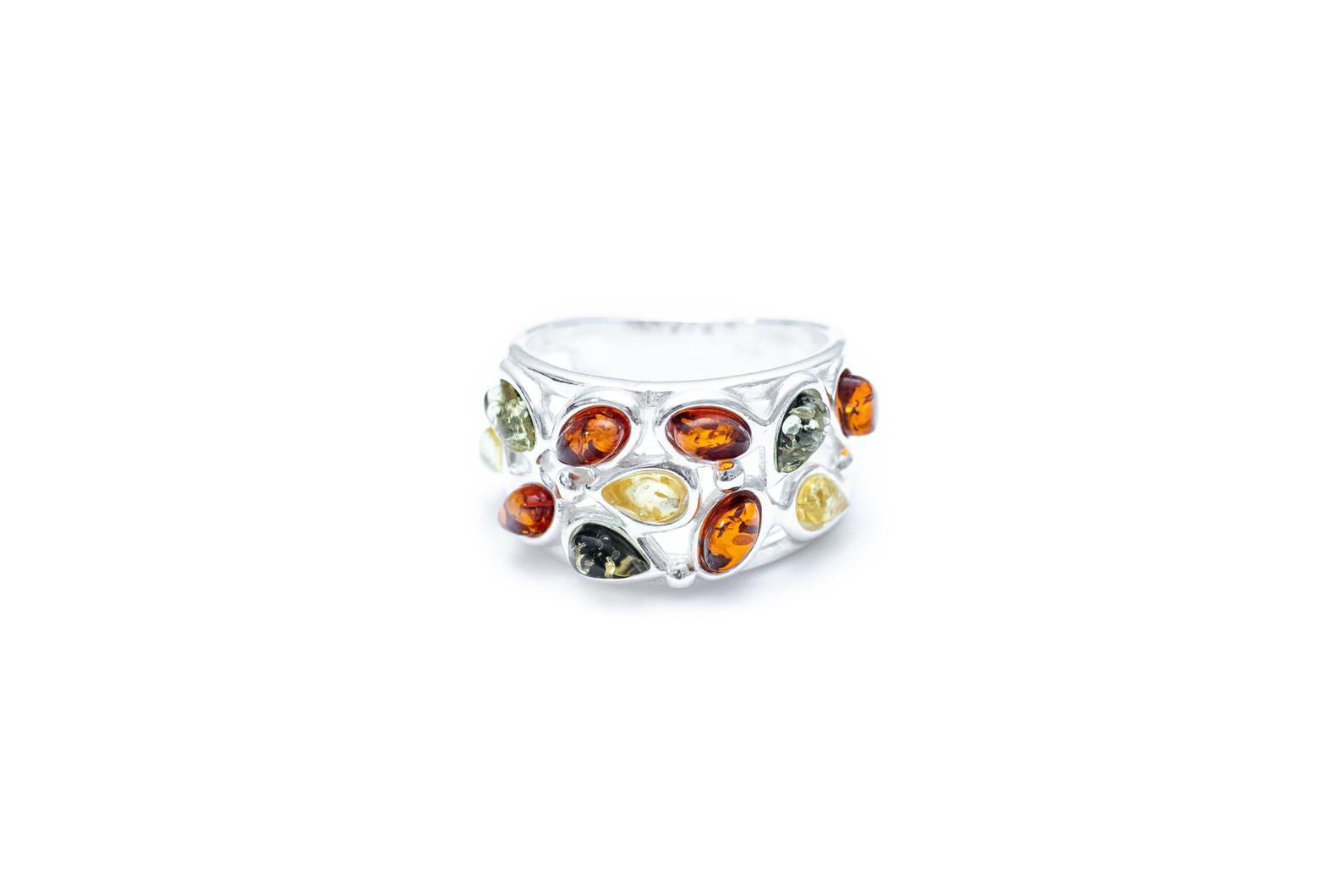 Floral Multicolour Amber Cuff Ring- Rings- Baltic Beauty