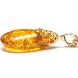 Gold Floral Accent Amber Droplet Pendant- Necklaces- Baltic Beauty