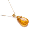 Gold Floral Accent Amber Droplet Pendant- Necklaces- Baltic Beauty