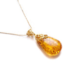 Gold Floral Accent Amber Droplet Pendant- Necklaces- Baltic Beauty