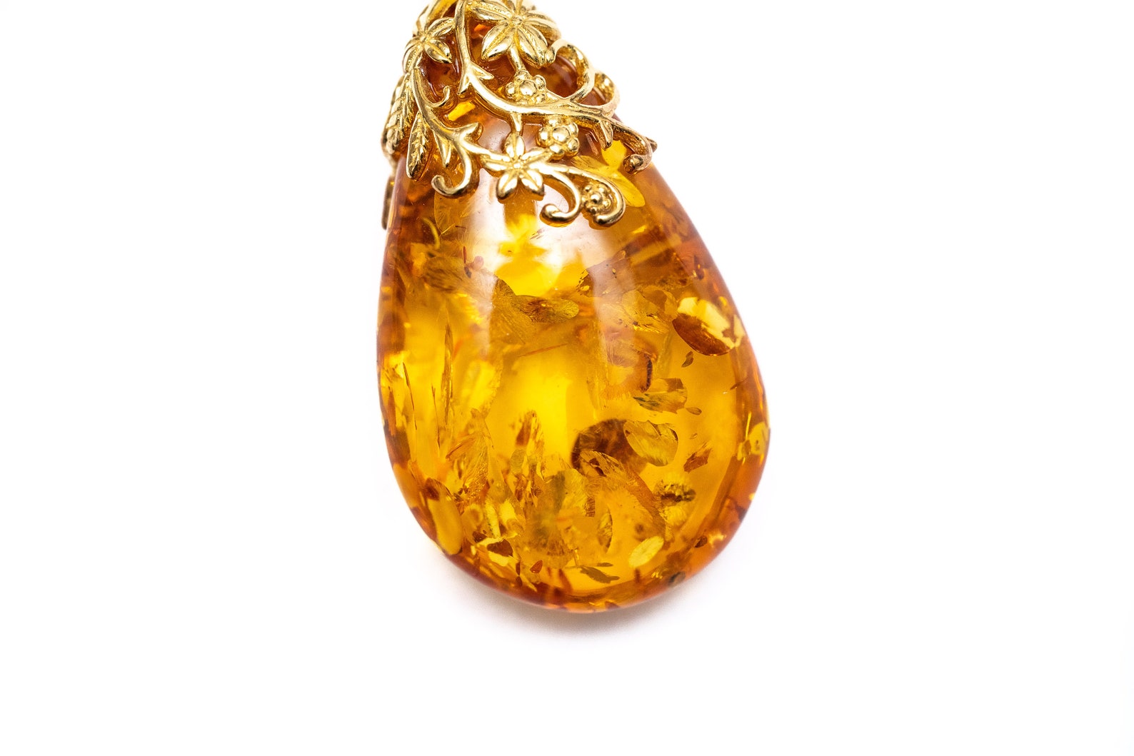 Gold Floral Accent Amber Droplet Pendant- Necklaces- Baltic Beauty