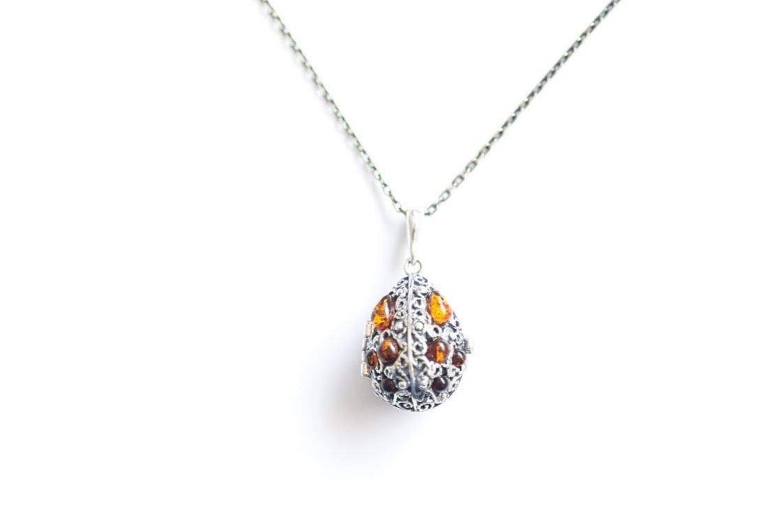 Fabergé Inspired Amber Egg Locket Necklace- Necklaces- Baltic Beauty