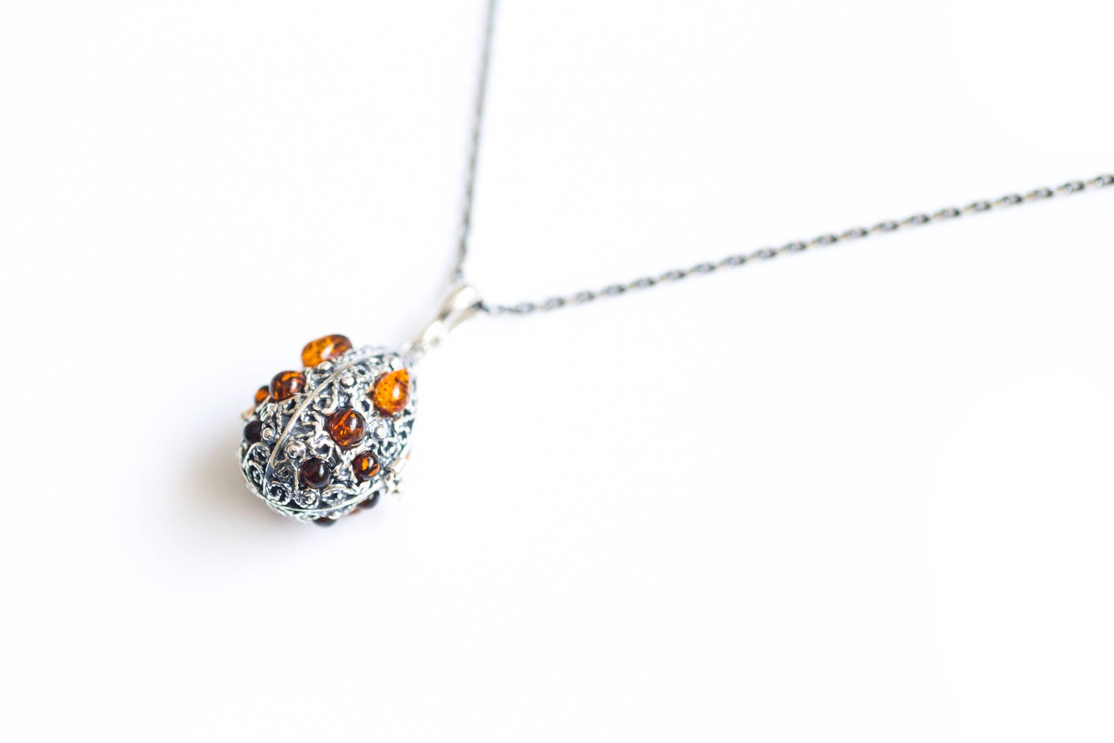 Fabergé Inspired Amber Egg Locket Necklace- Necklaces- Baltic Beauty