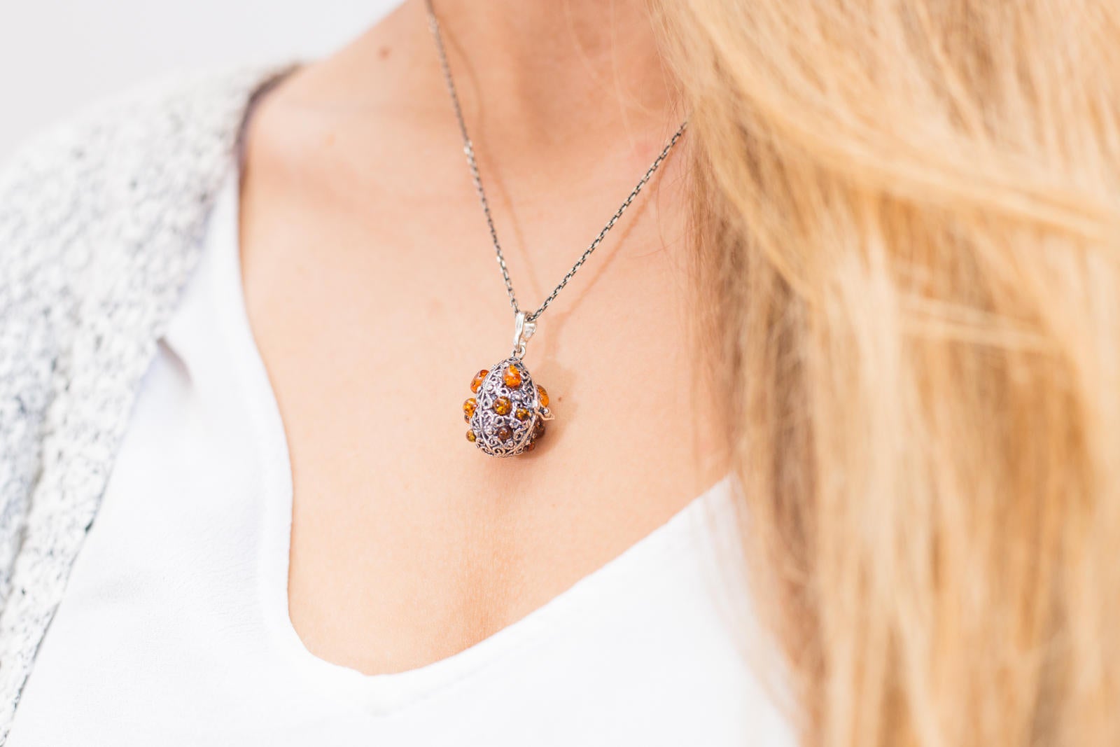 Fabergé Inspired Amber Egg Locket Necklace- Necklaces- Baltic Beauty