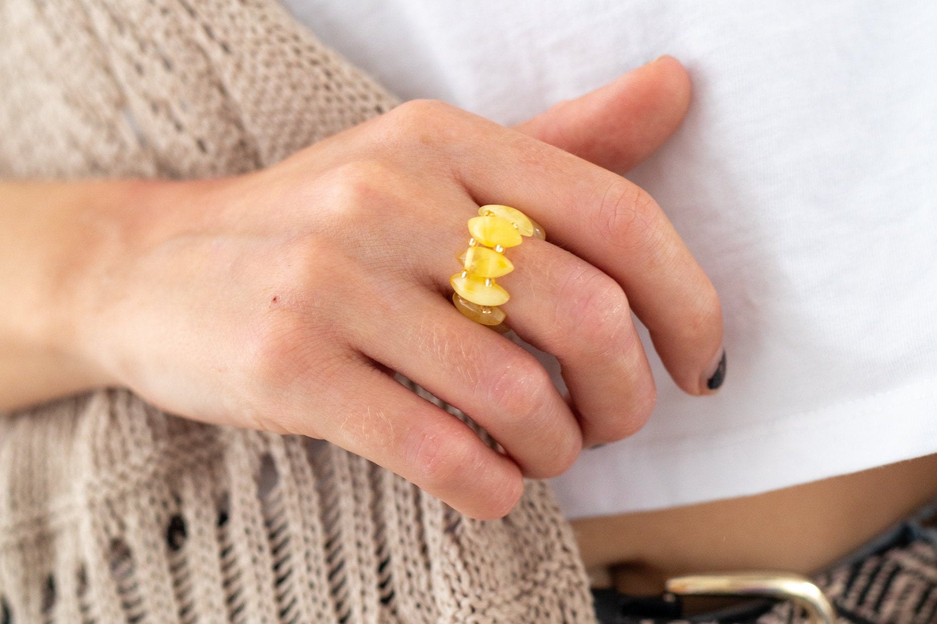 Stretchy Butterscotch Yellow Bead Ring- Rings- Baltic Beauty