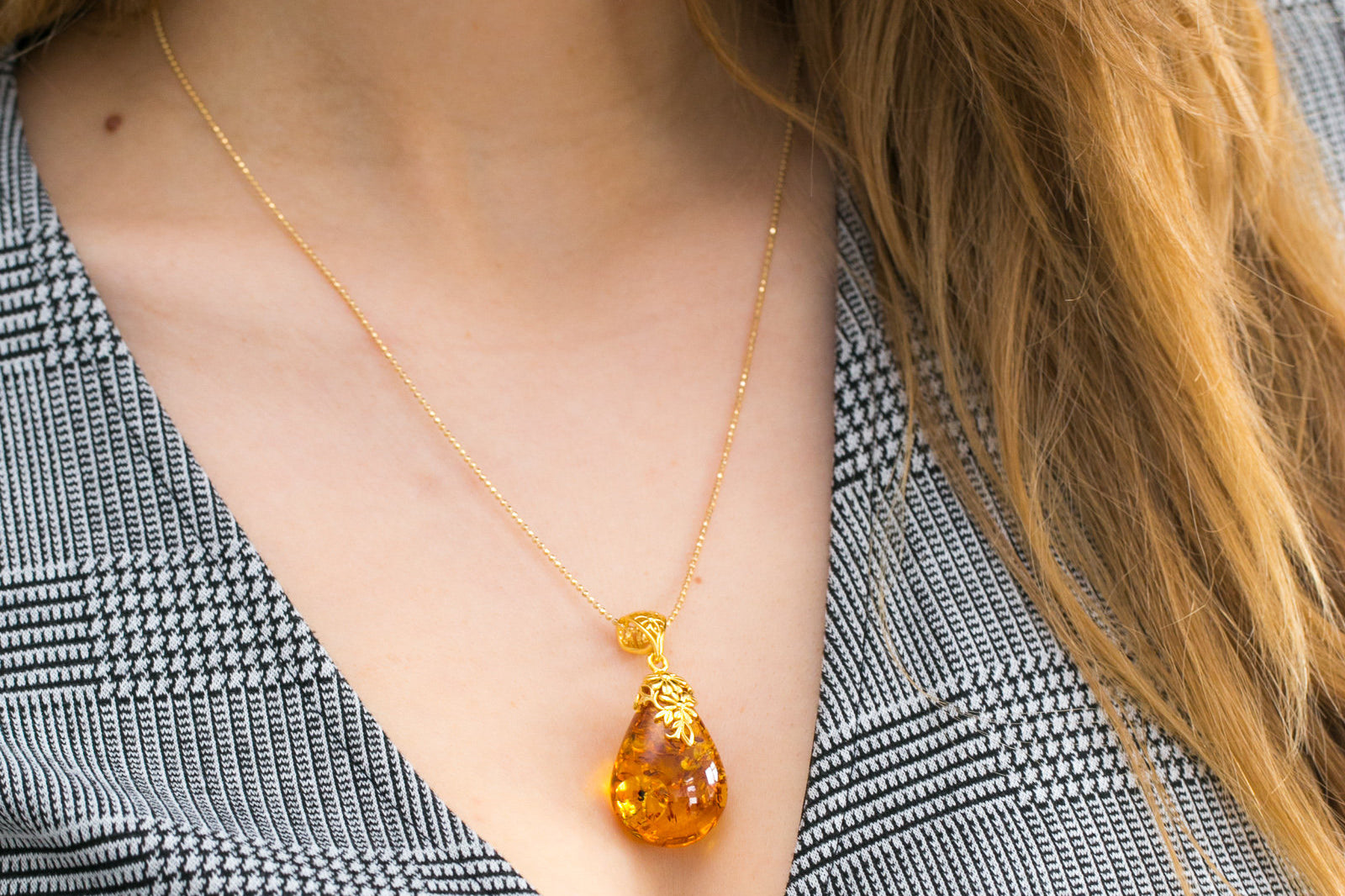 Gold Floral Accent Amber Droplet Pendant- Necklaces- Baltic Beauty