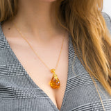 Gold Floral Accent Amber Droplet Pendant- Necklaces- Baltic Beauty