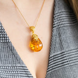 Gold Floral Accent Amber Droplet Pendant- Necklaces- Baltic Beauty