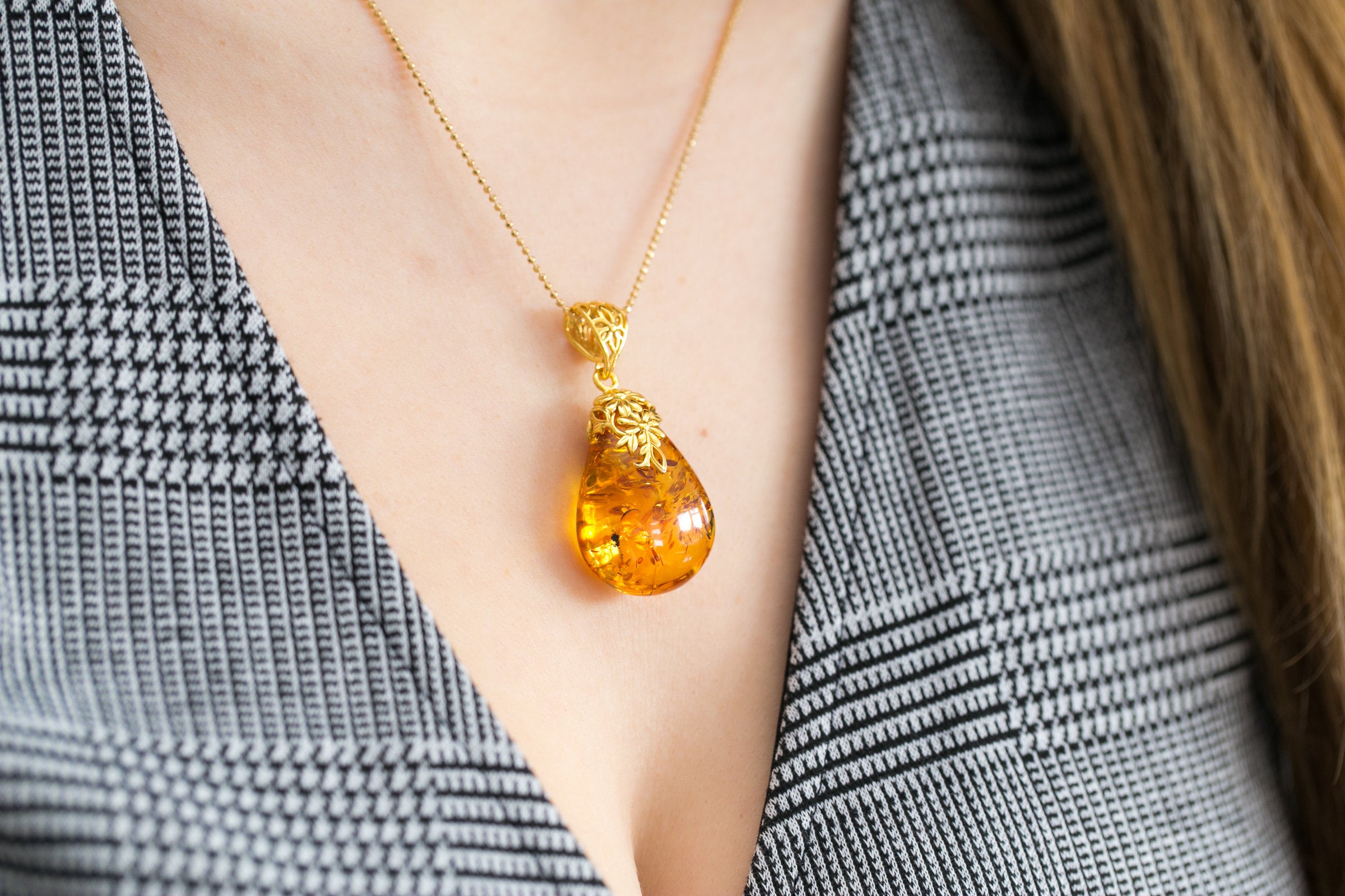 Gold Floral Accent Amber Droplet Pendant- Necklaces- Baltic Beauty