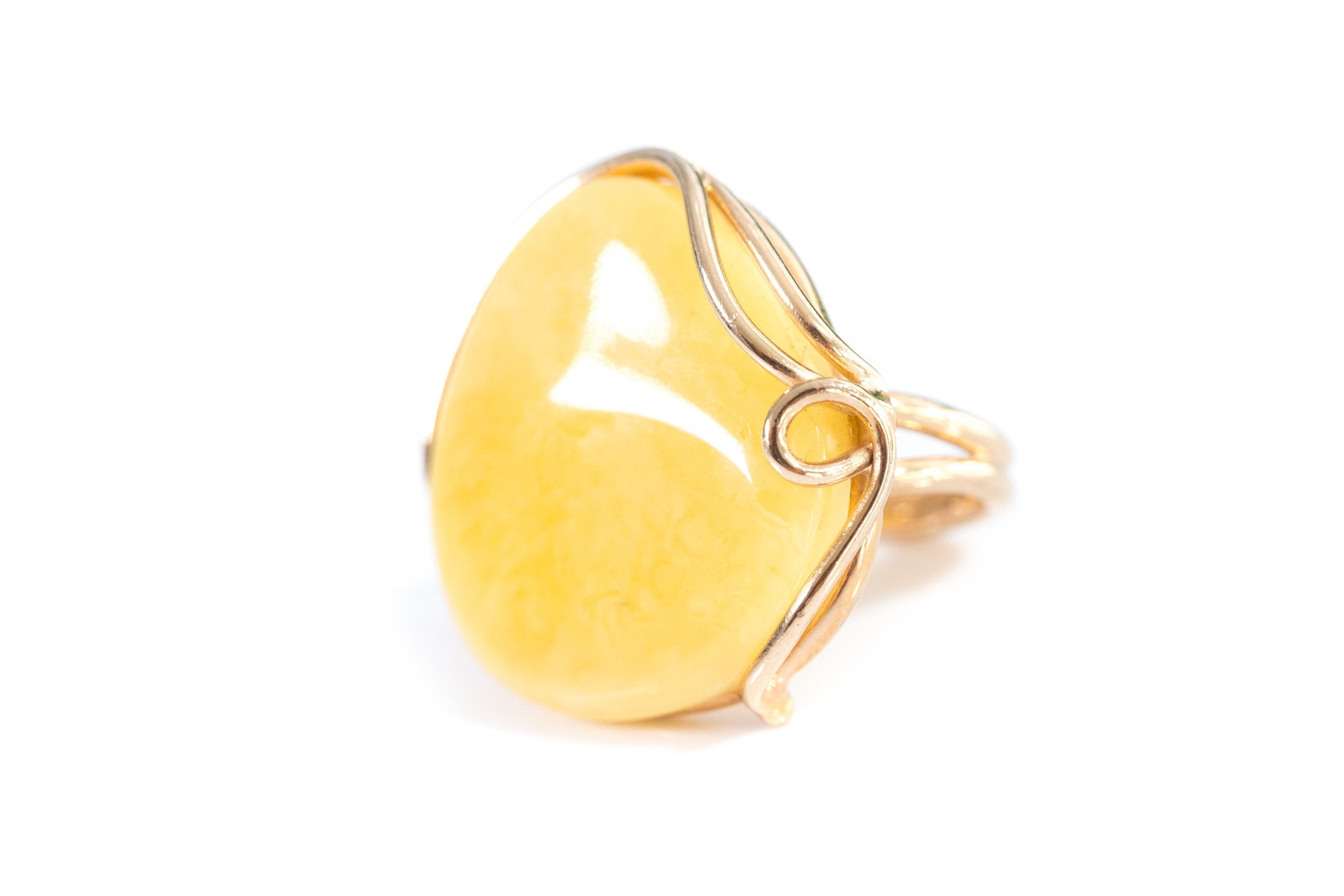 Oversized Gold Plated Yellow Amber Statement Ring- Rings- Baltic Beauty