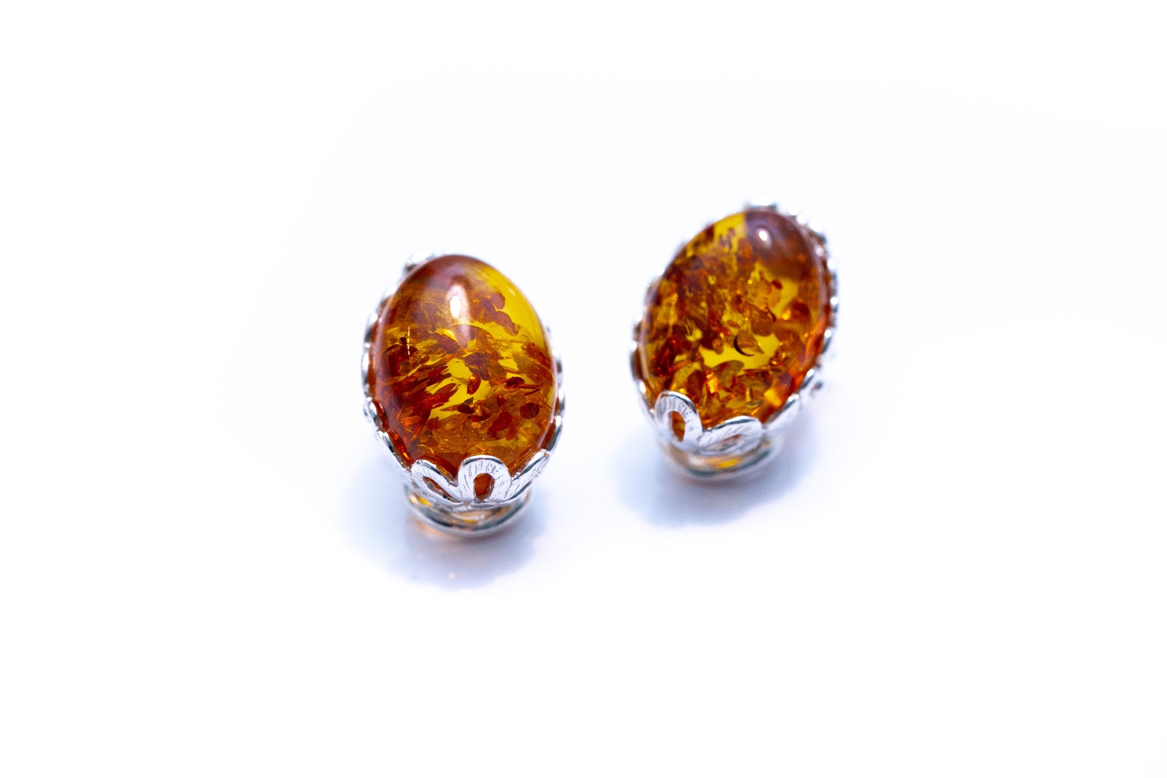 Floral Frame Oval Amber Clip On Earrings- Earrings- Baltic Beauty