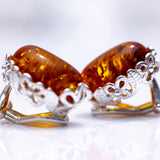 Floral Frame Oval Amber Clip On Earrings- Earrings- Baltic Beauty