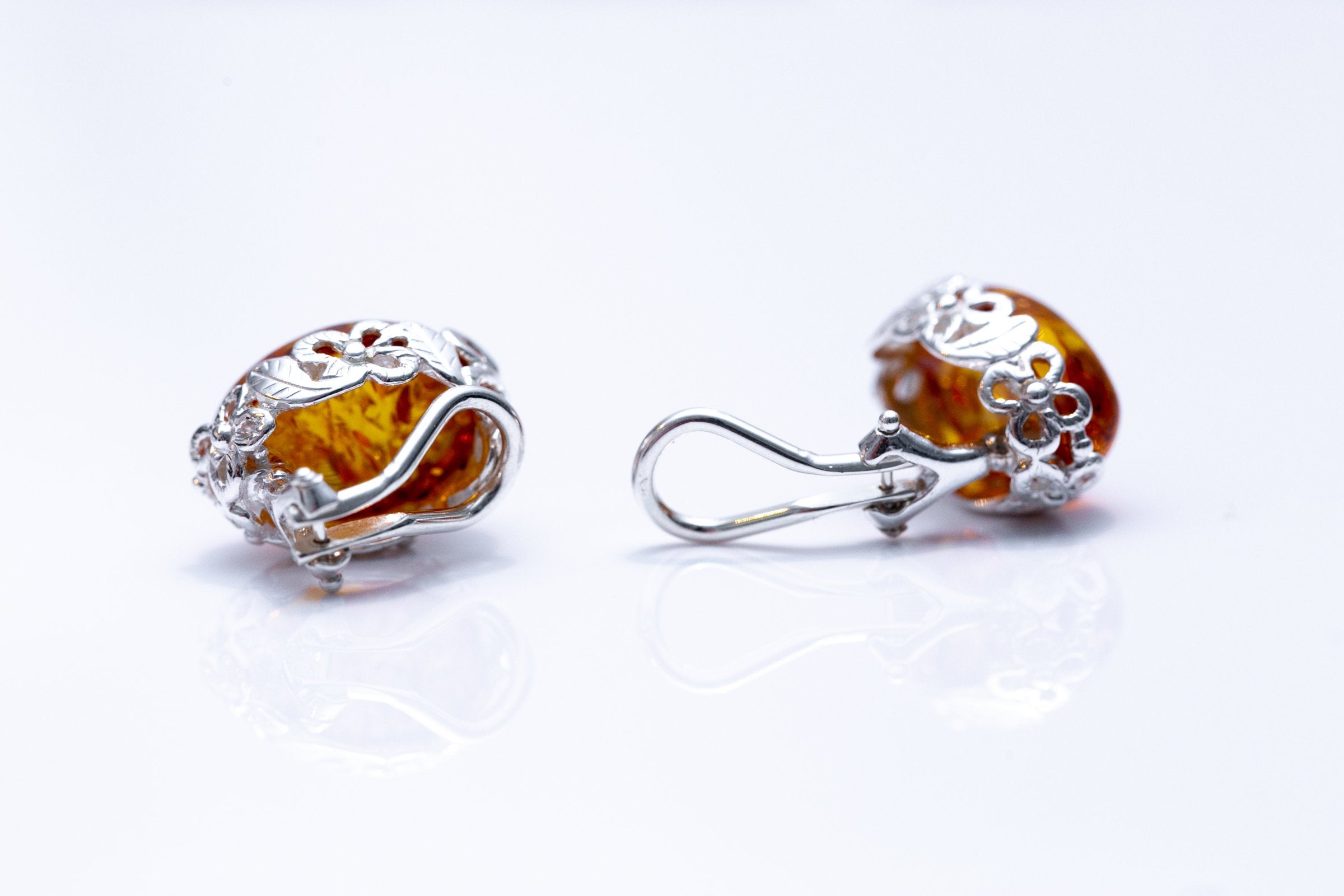 Floral Frame Oval Amber Clip On Earrings- Earrings- Baltic Beauty