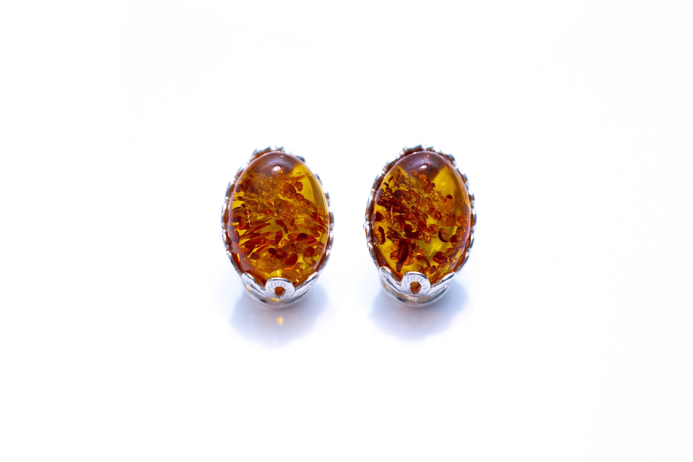 Floral Frame Oval Amber Clip On Earrings- Earrings- Baltic Beauty
