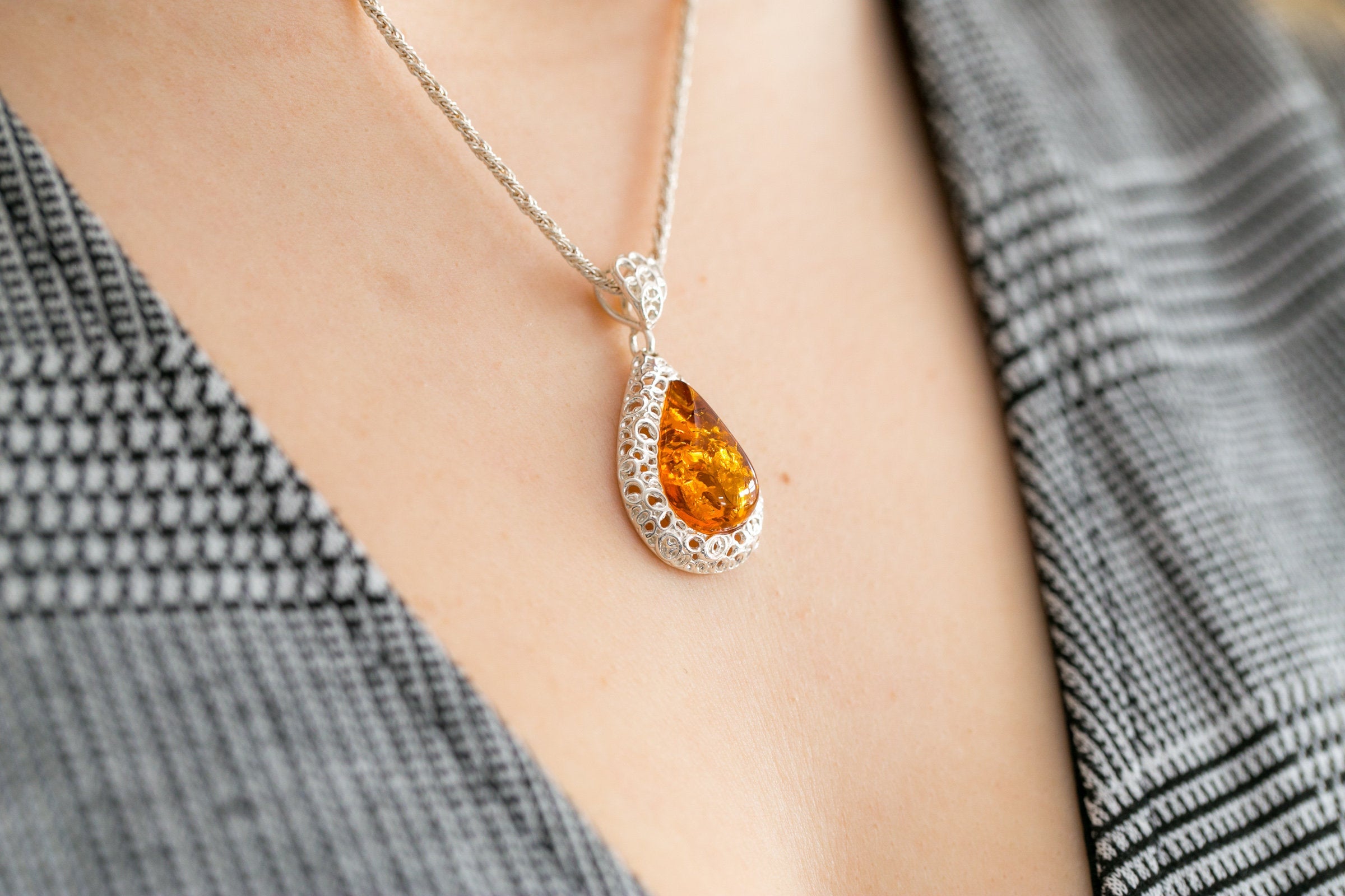 Filigree Frame Amber Teardrop Pendant- Necklaces- Baltic Beauty