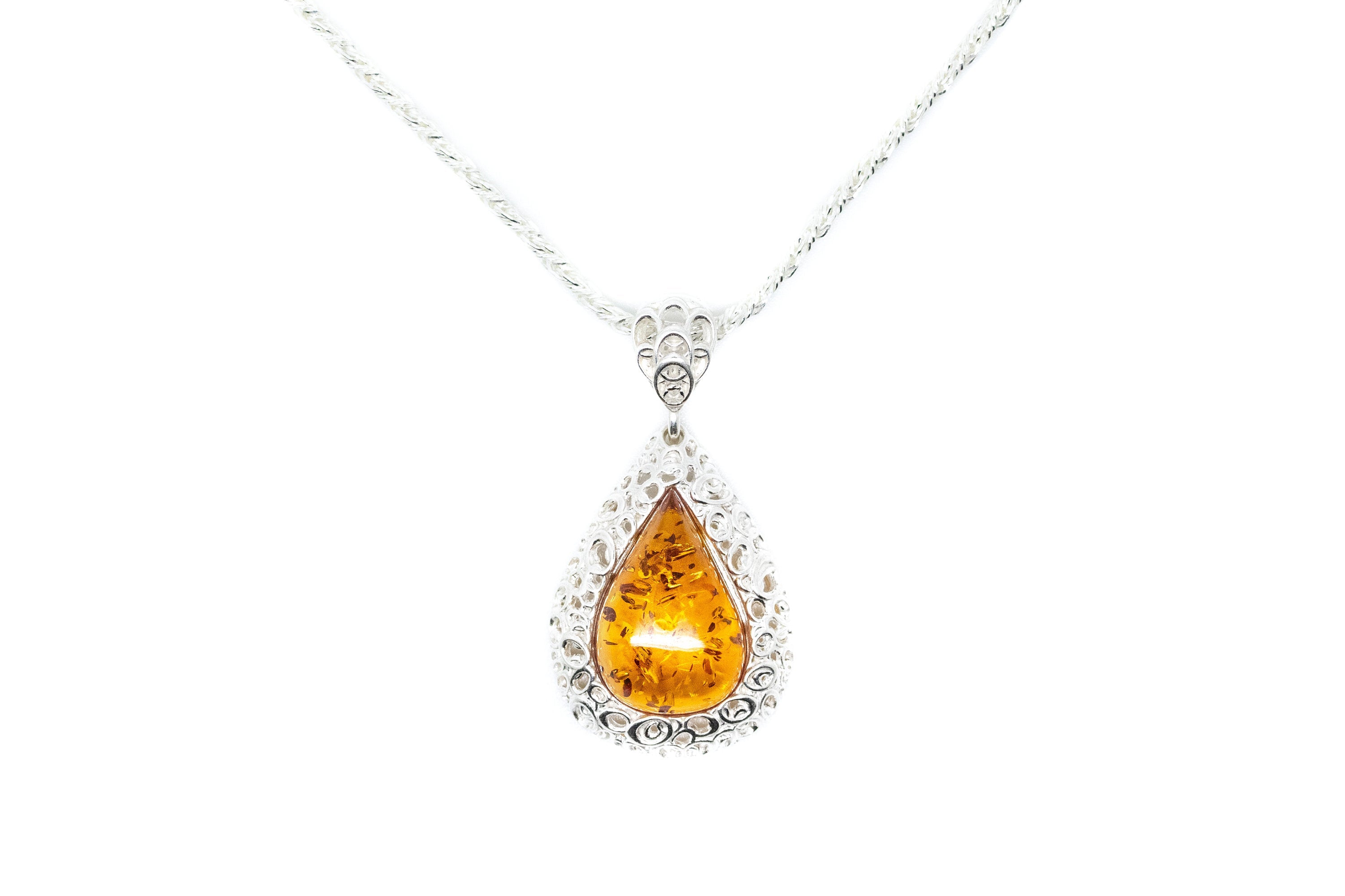 Filigree Frame Amber Teardrop Pendant- Necklaces- Baltic Beauty