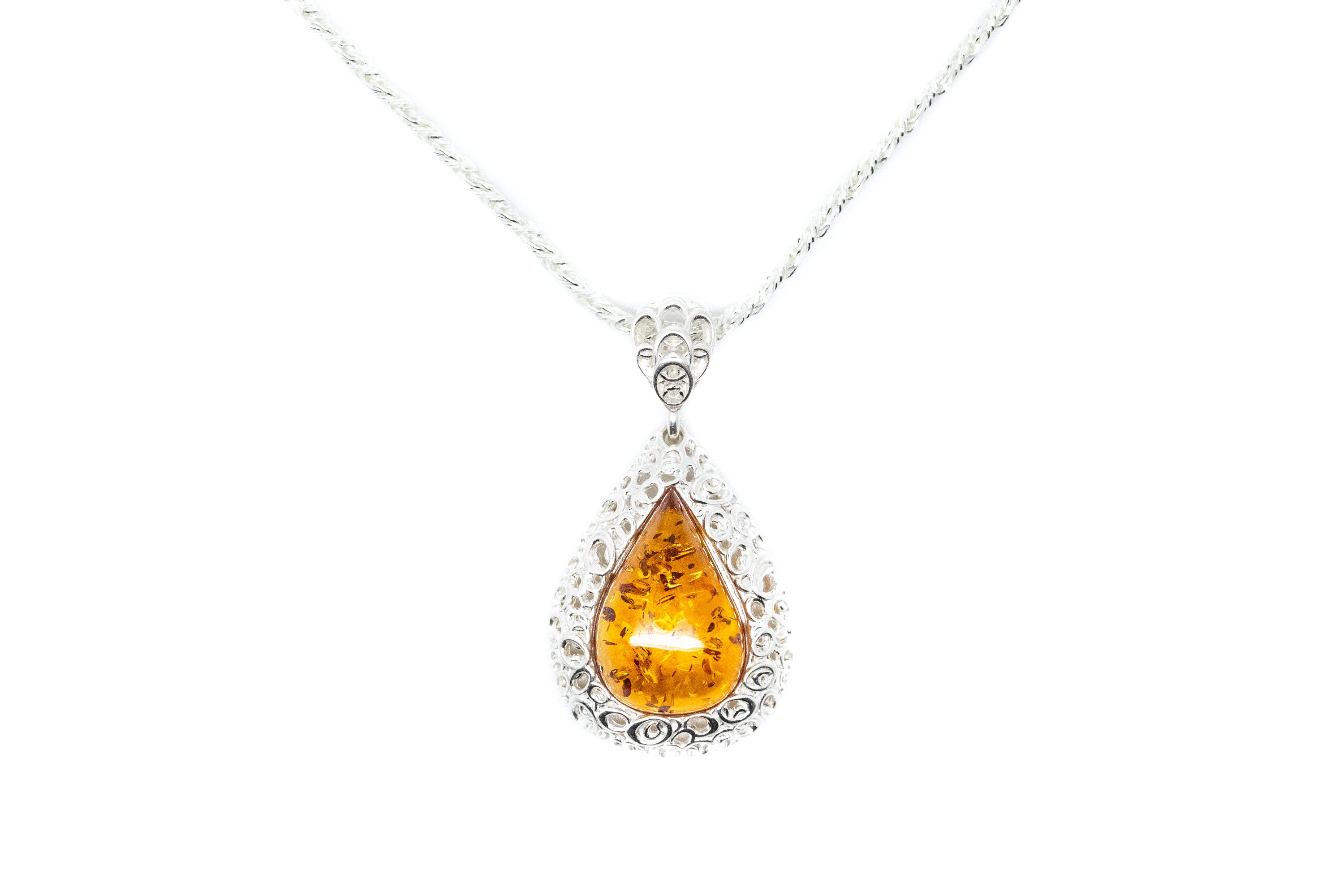 Filigree Frame Amber Teardrop Pendant- Necklaces- Baltic Beauty